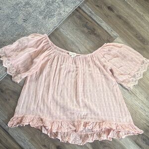 Caution To The Wind Blush Lace Trim Blouse 🎄